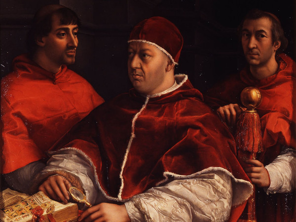 Raffaello Sanzio, Ritratto di Leone X con i cardinali Giulio de' Medici e Luigi de' Rossi, 1518, Olio su tavola, 155.2 × 118.9 cm, Firenze, Galleria degli Uffizi