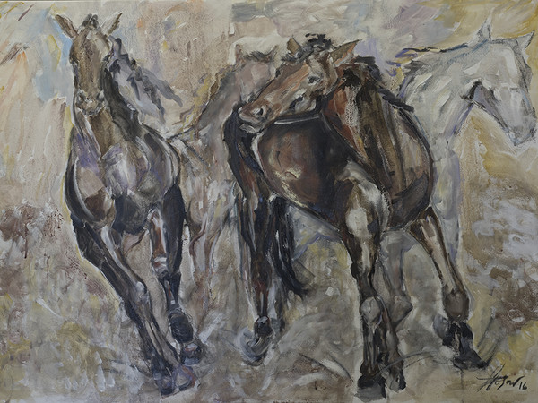 Elisabetta Rogai, Quattro Caratteri diversi (Cavalli), Enoarte ©, vino e olio su tela, cm 100×70,  2016