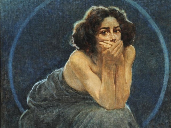 Giorgio Kienerk, L’enigma umano: il dolore, il silenzio, il piacere (part. del trittico), post 1900, olio su tela. Pavia, Musei Civici<br />