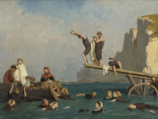 Eugéne Le Poittevin, Bagno a Étretat, 1858 circa, Olio su tavola, 48.5 x 21 cm, Collection Association Peindre en Normandie, Caen