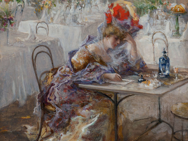 Pompeo Mariani, La lettera (o Signora al Caffè), 1908. Olio su cartone, 49 x 34 cm