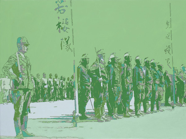 Yumi Karasumaru <em>"Facing Histories, n.25 - Atomic series - Stand in Line-Kamikaze"</em>, 2015, Matita e acrilico su tela, 25 x 35 cm
