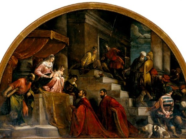 I Rettori di Vicenza Silvano Cappello e Giovanni Moro davanti alla Madonna in trono tra i santi Marco e Vincenzo