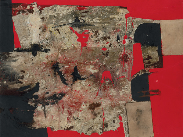 Alberto Burri, Rosso, 1953, 84x99 cm. Pietra pomice, tela, olio, smalto e vinavil su tavola 