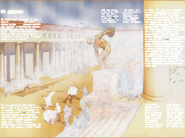Emilio Isgrò, La pigrizia del discobolo, Acrilico su tela, 170 × 118 cm | Foto: © Andrea Valentini | Courtesy Archivio Emilio Isgrò