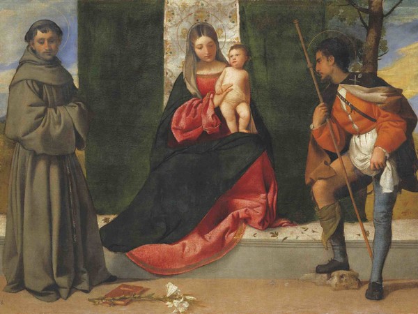 Tiziano, Madonna con il Bambino tra sant’Antonio da Padova e san Rocco, 1509 - 1510 circa, tela, cm. 92x103. Madrid, Museo Nacional del Prado 