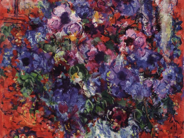 Mar Chagall, Bouquet de fleurs sur fond rouge