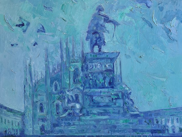 Domenico Asmone, Sogno milanese (Cromatico bluverde), 2022, olio su tela, cm. 90x90x4