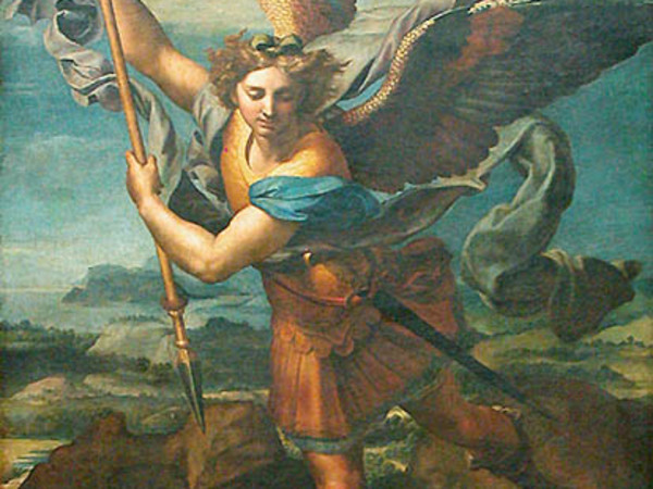 Raffaello Sanzio, San Michele sconfigge Satana, 1518, Olio su tavola, 160 x 268 cm, Museo del Louvre, Parigi