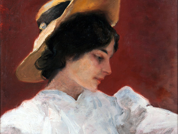 Pompeo Mariani, Il cappellino giallo. Olio su tela, 59,5 x 46 cm