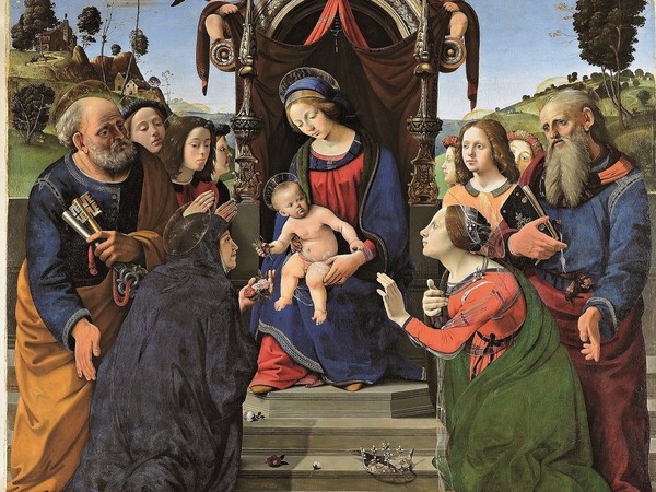 Piero di Cosimo (Firenze 1462 – 1522), Madonna col Bambino in trono e i santi Pietro, Giovanni evangelista, Elisabetta d’Ungheria (?),Caterina d’Alessandria e angeli, 1493. Tavola. Firenze, Museo degli Innocenti