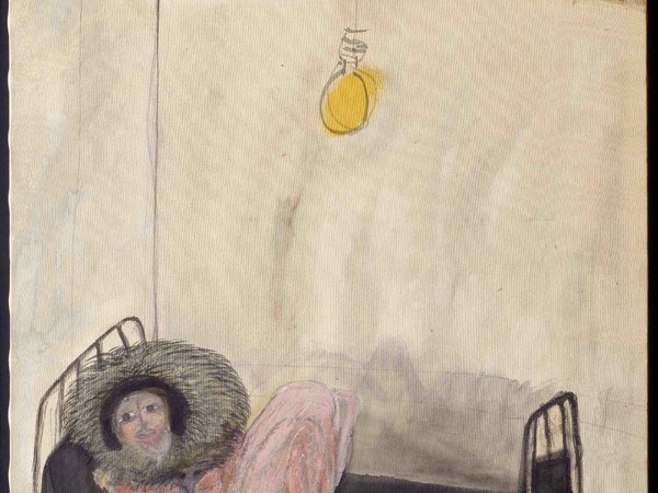 Carol Rama, Appassionata, 1980, pennarello e tecnica mista su tela da capote beige, 120x80 cm.