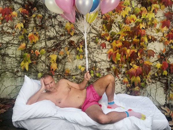 Self-portrait with pink shorts and balloons, Paris, 2017 