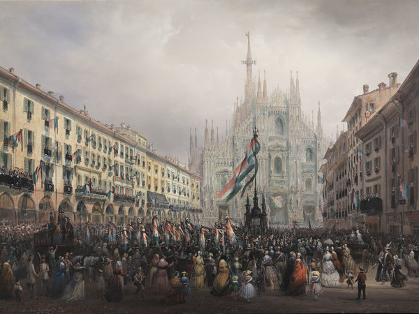 Carlo Bossoli, Commemorazione dei caduti delle Cinque Giornate di Milano 1848, tempera su carta riportata su tela, 71,5x100,5 cm., firmato e datato in basso a destra: “C. Bossolo 1848”. Enrico Gallerie 