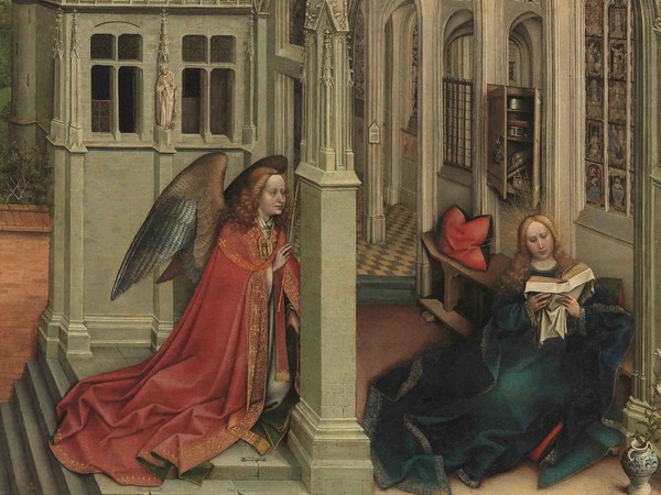 Robert Campin, <em>Annunciazione, </em><span><em>Trittico di Mérode</em>, 1428, <span>New York, </span>Metropolitan Museum of Arts</span><br />