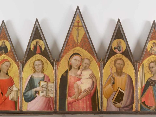 Allegretto Nuzi, Pentittico Madonna col bambino, Santa Maria Maddalena, San Giovanni Evangelista, San Venanzio "Fabriano, Pinacoteca civica “Bruno Molajoli”, tempera su tavola, cm. 118 x 200