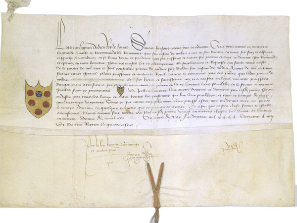 Concessione del re di Francia Luigi XI a Piero de'Medici di inserire i gigli di Francia nello stemma (maggio 1465), pergamena con sigillo, Diplomatico mediceo, Archivio di Stato di Firenze.