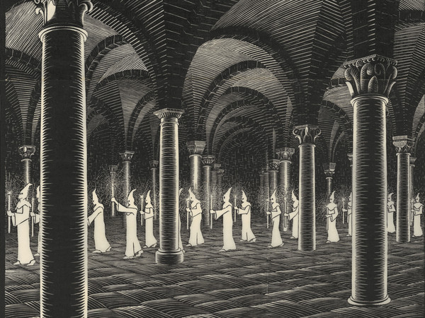 Maurits Cornelis Escher, Processione nella cripta, 1927, Xilografia, 44.2 x 60.4 cm, Collezione privata, Italia | All M.C. Escher works © 2019 The M.C. Escher Company | All rights reserved www.mcescher.com