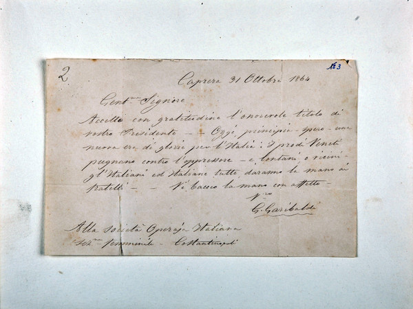 (1864) La lettera di Giuseppe Garibaldi alla Sezione Femminile della SOMS di Costantinopoli, in cui accetta la carica di Presidente Onorario.