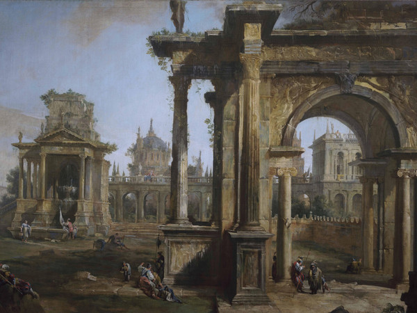 Canaletto (1697-1768), Capriccio con rovine, 1723 olio su tela, 322 x 178 cm, Svizzera, Collezione privata