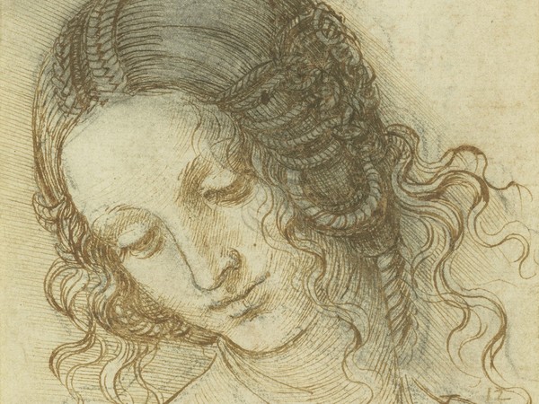 Leonardo da Vinci (Vinci 1452 - Amboise 1519), <em>La Testa di Leda</em>, 1504-1506 circa, Penna e inchiostro su gesso nero su carta, 14.7x 17.7 cm | RCIN 912518