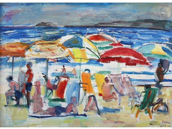 Manlio Sarra, Spiaggia, olio su tela, 1979