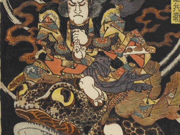 Utagawa Kuniyoshi, Tenjiku Tokubei (Tenjiku Tokubei), Serie senza titolo di stampe di guerrieri pubblicate da Kawaguchi, Circa 1826-27, Silografia policroma (nishikie), 26.5 x 39 cm, Masao Takashima Collection