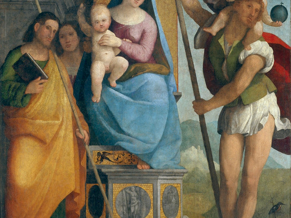 Marcello Fogolino, Madonna in trono col Bambino tra i Ss. Giacomo, Filippo e Cristoforo, olio su tela, 178X177, ante 1523