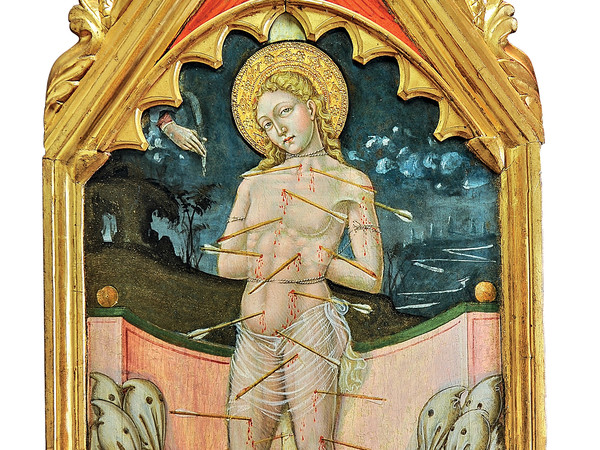 Luca di Paolo, Stendardo processionale: san Sebastiano tra confratelli. Tempera e oro su tavola. Galleria Nazionale dell’Umbria, Perugia (PG)