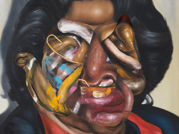 Nathaniel Mary Quinn, Mama, Joe, and James Brown , 2023. Oil paint, oil pastel, soft pastel, gouache on linen canvas stretched over wood panel, 91.4x91.4 cm. Courtesy Gagosian I Ph. Rob McKeever Courtesy Gagosian