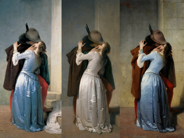 Francesco Hayez, Il bacio, accostamento delle tre versioni del 1859, 1861, 1867 (particolare)