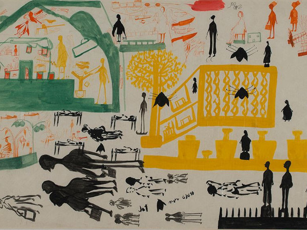 Carlo Zinelli. Tre insetti neri e albero giallo. 1958-59. Tempera su carta, 30 x 50 cm. Collezione Fondazione Cariverona