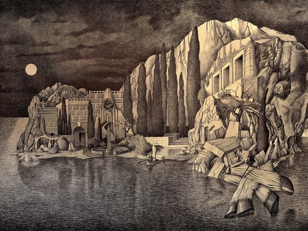 Marcello Carrà, L'isola dei morti, 2013. Penna biro su carta, 110x170 cm