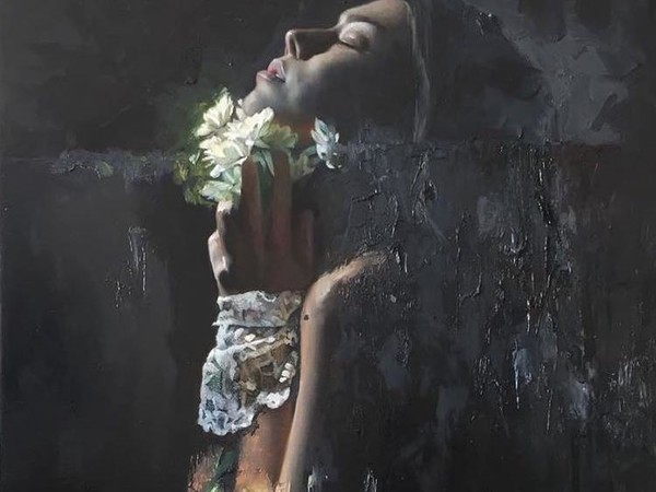 Luis Gomez de Teran, Dalia, oil on board, epoxy resin, white Dalia, lace, 70x90 cm.