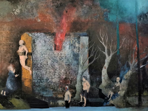 Sergio Padovani, La casa che arde viva, 2019. Olio, bitume, resina su tela, cm. 70x110
