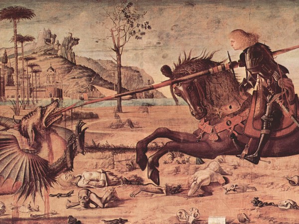 Vittore Carpaccio, <em>San Giorgio e il Drago</em>, 1502, Tempera su tavola, Venezia, Scuola di San Giorgio degli Schiavoni<br />