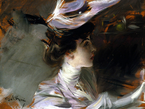 Giovanni Boldini, Il cappellino nuovo (Ritratto di Lina Cavalieri), 1898 circa. Olio su tavola, 27 x 33 cm