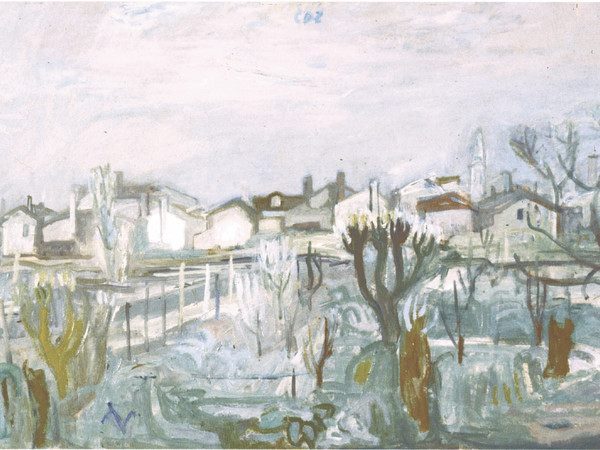 Carlo dalla Zorza, Paesaggio con orti e case a Burano, 1946, olio su cartone, cm. 49x73. Fondazione Musei Civici, Venezia