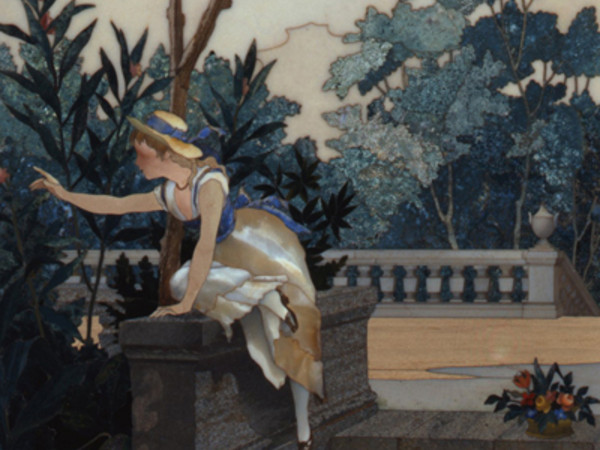 Bambina in un giardino, particolare di una fioriera da sala, commesso di pietre dure, 1883, Firenze, Museo dell' Opificio delle Pietre