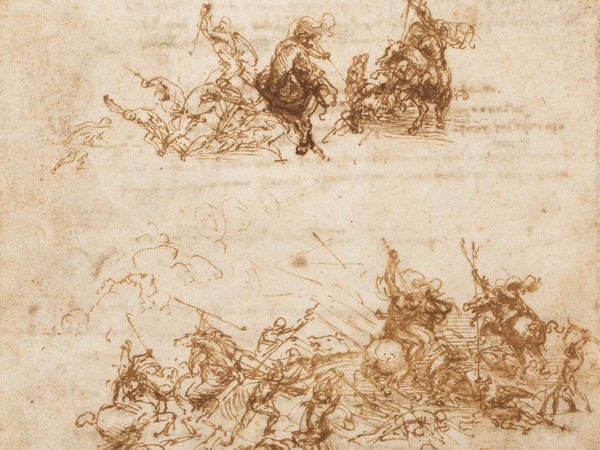 Leonardo da Vinci, <em>Studi per la Battaglia di Anghiari: due combattimenti tra fanti e cavalieri</em>, Databile al 1503-1504, Inchiostro, acquerellatura con lo stesso inchiostro su carta, 154 x 147 mm, Venezia, Gallerie dell'Accademia