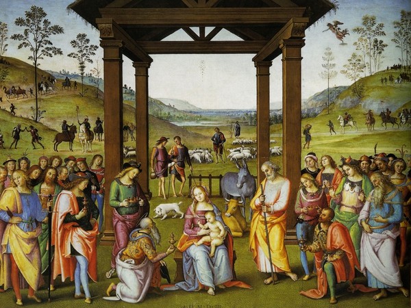 Pietro Perugino, L'Adorazione dei Magi, 1504. Affresco, cm 650x700. Oratorio di Santa Maria dei Bianchi, Città della Pieve