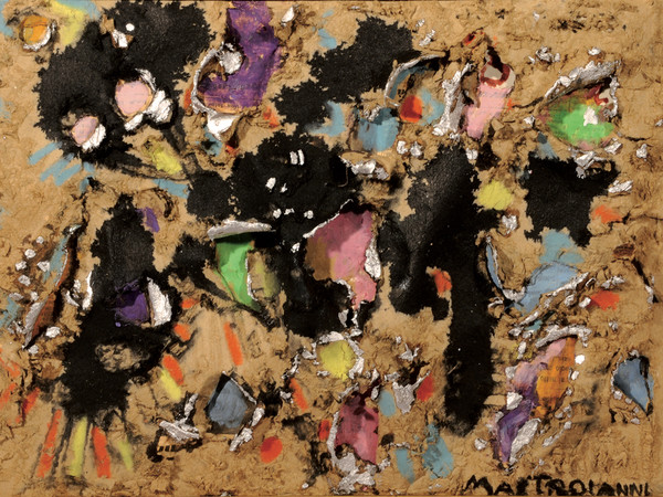Umberto Mastroianni, <em>Rilievo plastico</em>, 1961, Pastello e tempera su cartoncino inciso, strappato e traforato applicato su carta di giornale, 22.5 × 31.5 × 1.6 cm<br />
