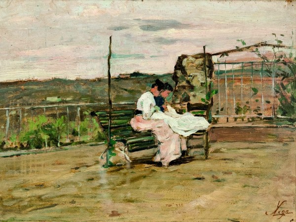 Silvestro Lega, Le cucitrici in terrazza, olio su cartone, 19x26,5 cm, 1888ca. Collezione L. Bietoletti