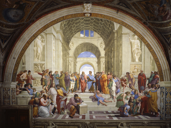 Raffaello Sanzio, Stanza della Segnatura, Scuola di Atene, 1509-1511, Musei Vaticani, Nuova Illuminazione delle Stanze di Raffaello realizzata da Osram, 2017 | © Governatorato dello Stato della Città del Vaticano