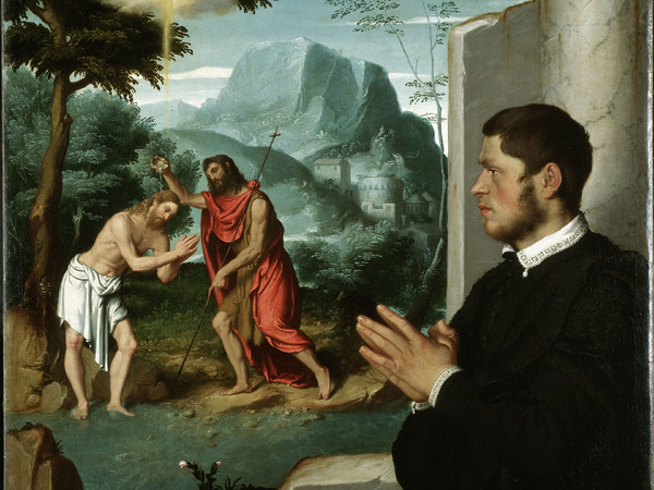 Giovan Battista Moroni, Devoto in contemplazione del battesimo di Cristo, 1555 circa. Olio su tela, 104,5 x 112,5 cm. Collezione Gerolamo e Roberta Etro