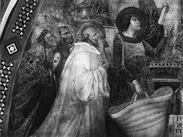 Ambrogio Lorenzetti, Maestà e Storie di San Galgano, affreschi strappati, dalla chiesa di San Galgano a Montesiepi (Chiusdino): La Maestà. Particolare dei Santi a sinistra 