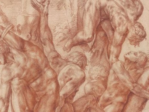 Att. Pirro Ligorio, Cinq figures masculines attachées à un arbre, v. 1535, sanguine sur papier vergé, 272x2223 mm.