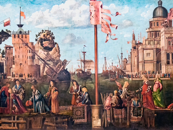 Vittore carpaccio, Incontro e partenza dei fidanzati, Dal ciclo delle Leggende di Sant'Orsola, 1495-1500, Ttempera su tela, 280 x 611 cm, venezia, Gallerie dell'Accademia