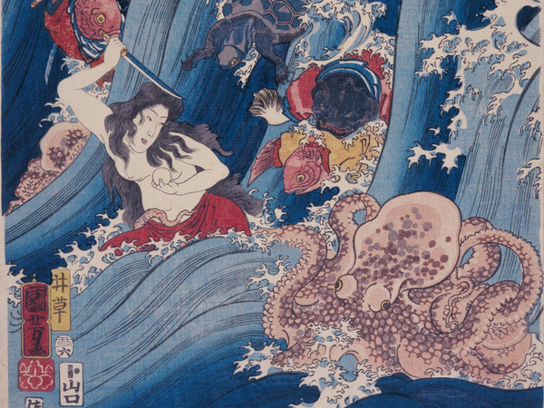 Utagawa Kuniyoshi, La principessa Tamatori ruba il sacro gioiello dal Palazzo del Drago (Ryūgū Tamatori hime no zu), 1853, Trittico di ōban, Silografia policroma (nishikie), 25.5 x 37.7 cm ciascuno, Masao Takashima Collection