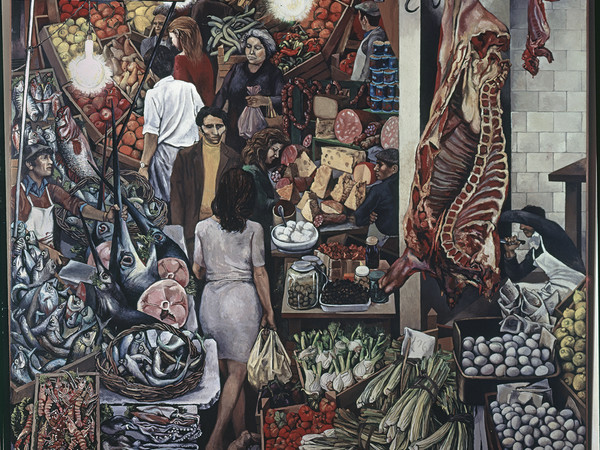 Renato Guttuso, <em>La Vucciria, </em>1974, olio su tela, cm. 300x300. Università degli studi di Palermo, in esposizione permanente presso<br /> il Complesso Monumentale dello Steri<br />